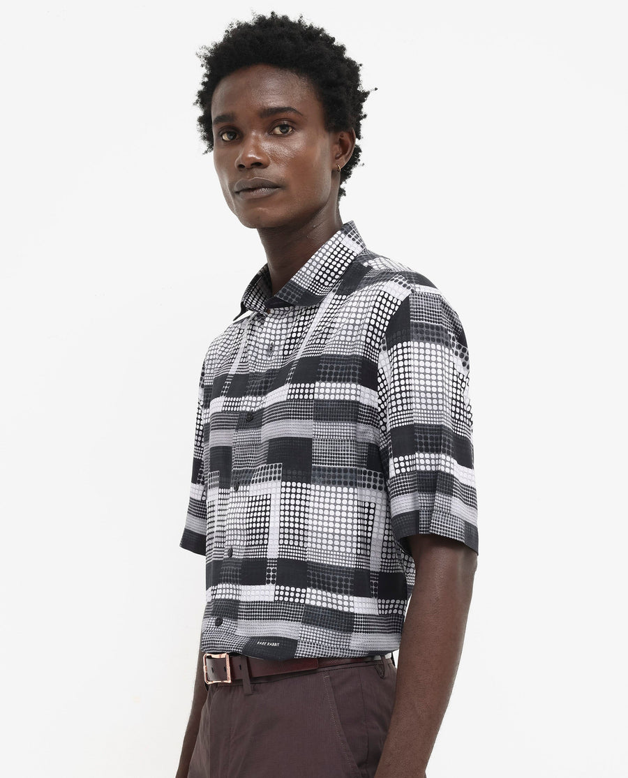 Rare Rabbit Men's Mallor Black Viscose Geometric Print Boxy Fit Half Sleeve Collared Shirt