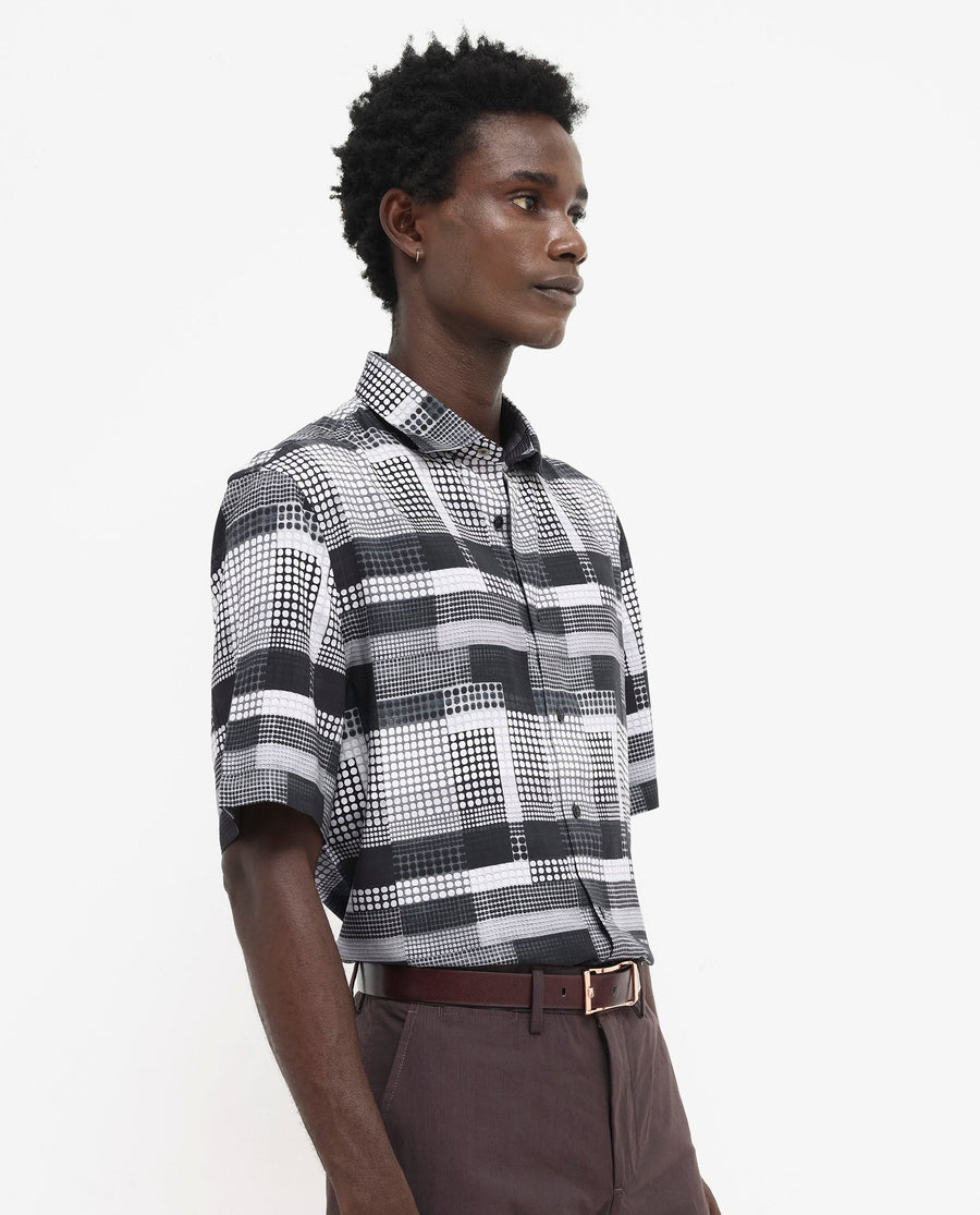 Rare Rabbit Men's Mallor Black Viscose Geometric Print Boxy Fit Half Sleeve Collared Shirt