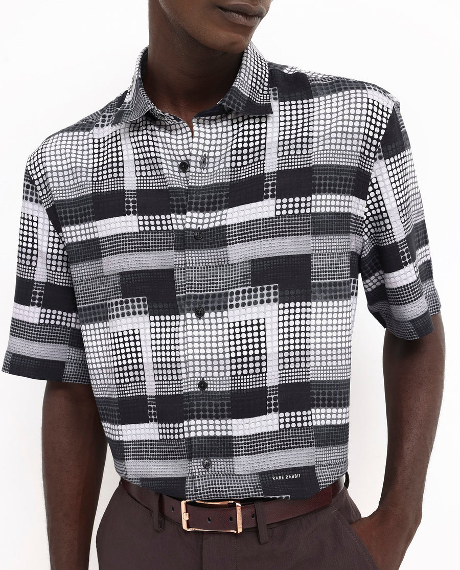 Rare Rabbit Men's Mallor Black Viscose Geometric Print Boxy Fit Half Sleeve Collared Shirt