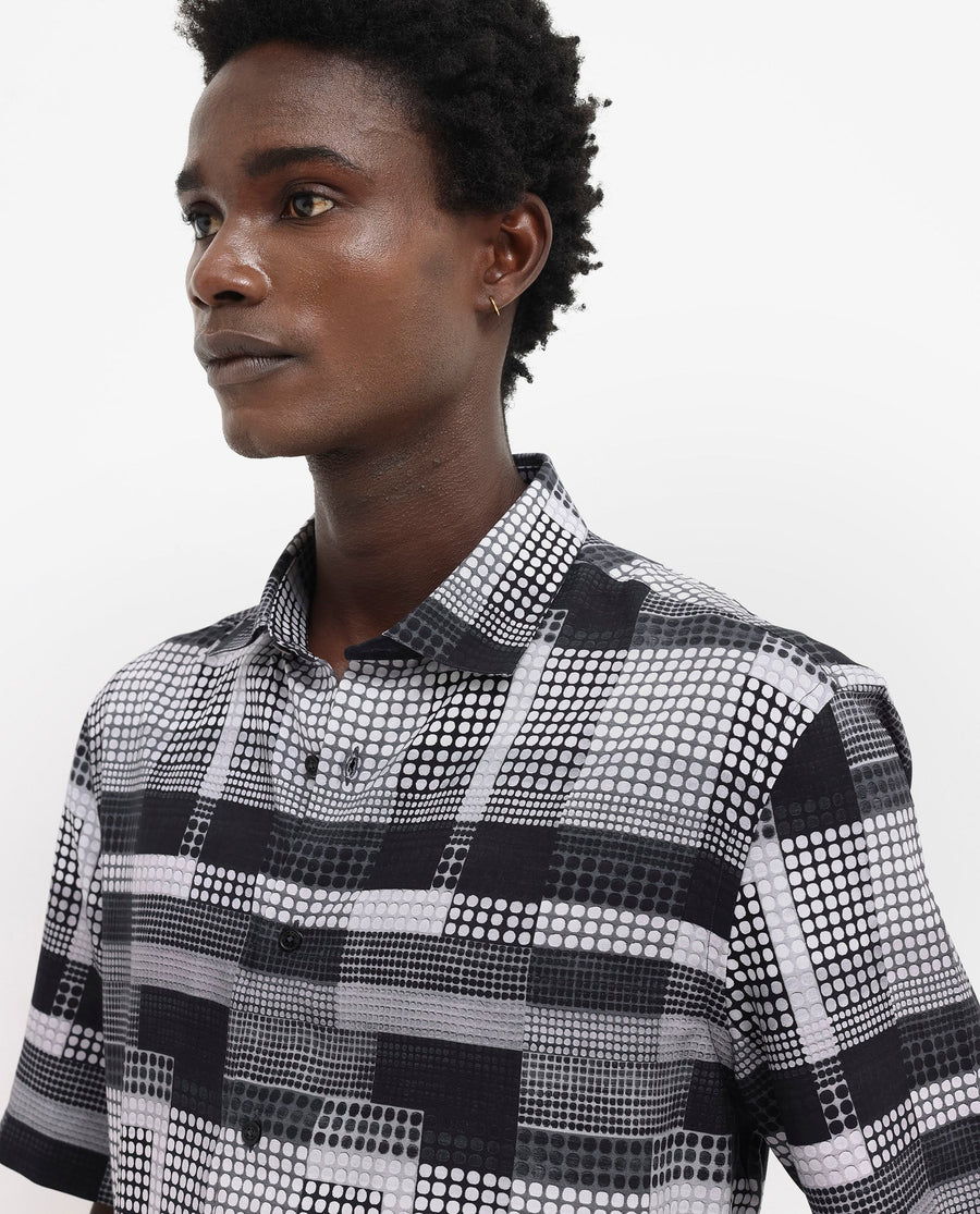 Rare Rabbit Men's Mallor Black Viscose Geometric Print Boxy Fit Half Sleeve Collared Shirt
