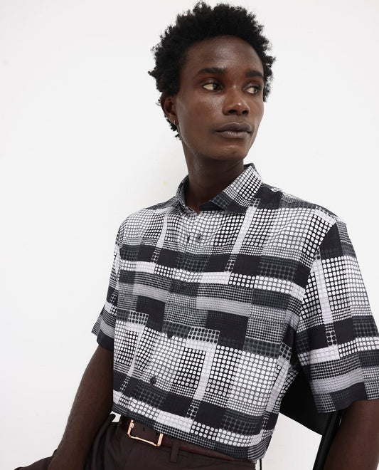 Rare Rabbit Men's Mallor Black Viscose Geometric Print Boxy Fit Half Sleeve Collared Shirt