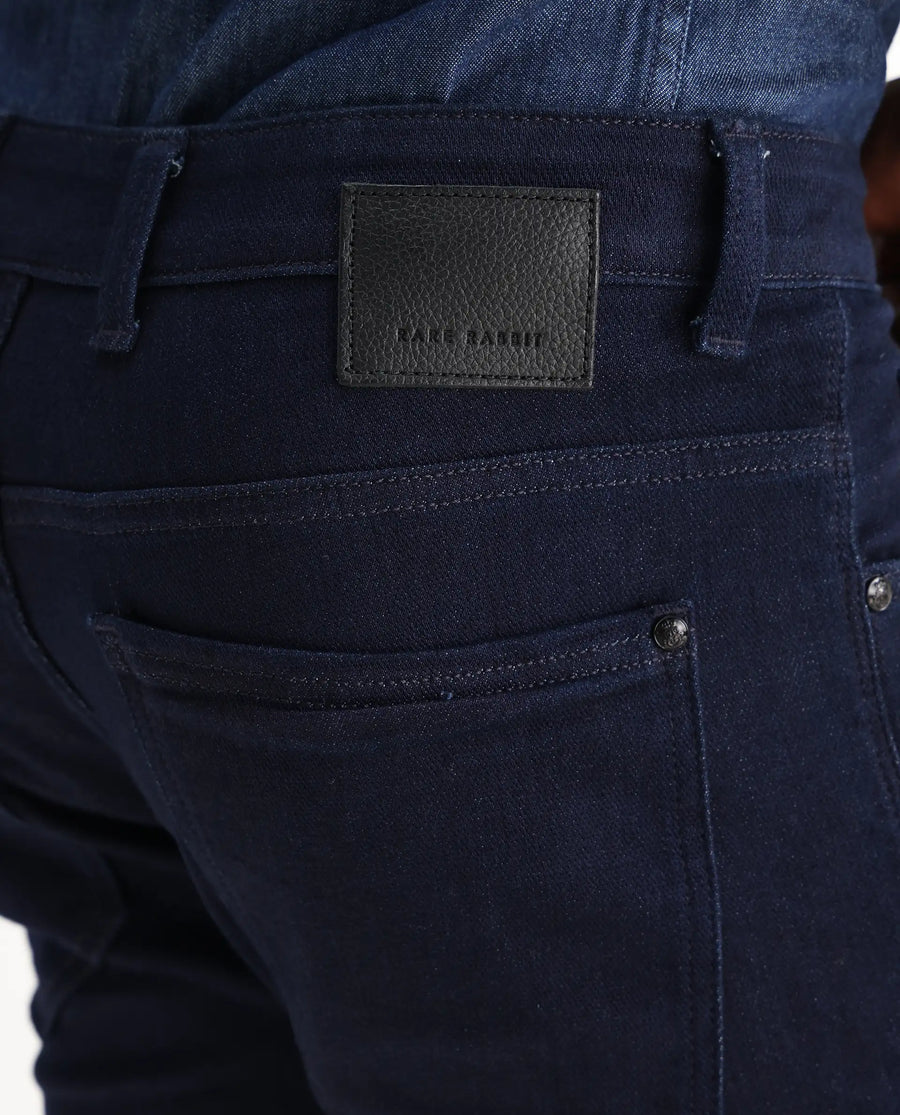 Rare Rabbit Men's Manado Dark Navy Cotton Blend Plain Hawk Slim Fit Jeans