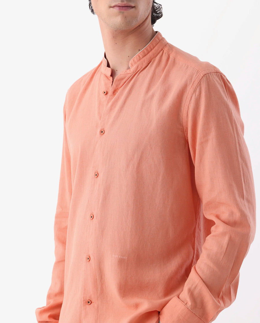 Rare Rabbit Men's Manderin Orange 100% Linen Plain Regular Fit Full Sleeve Mandarin Collar Shirt