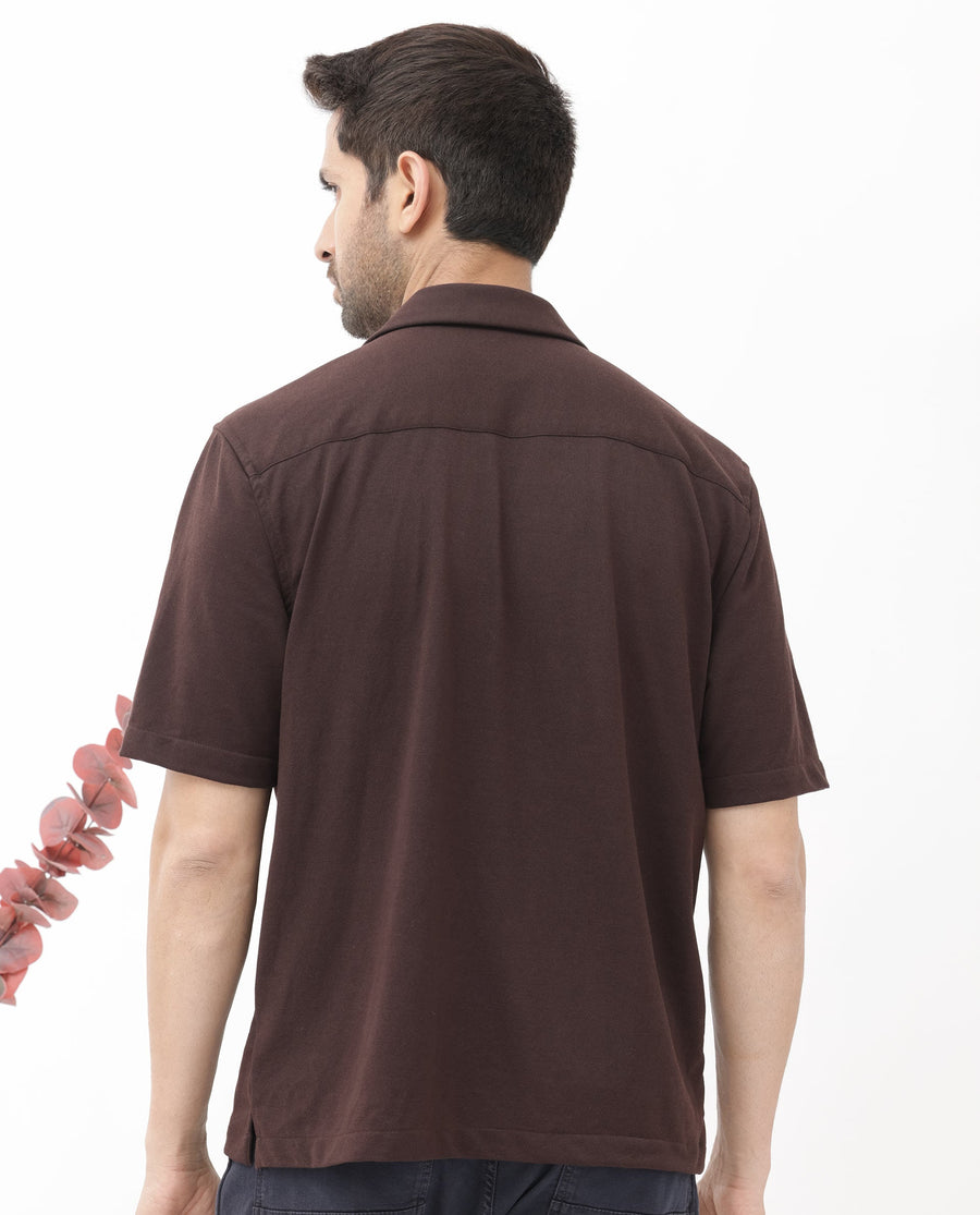 Rare Rabbit Men's Manga Dark Maroon Cotton Plain Regular Fit Half Sleeve Cuban Collar Shirt
