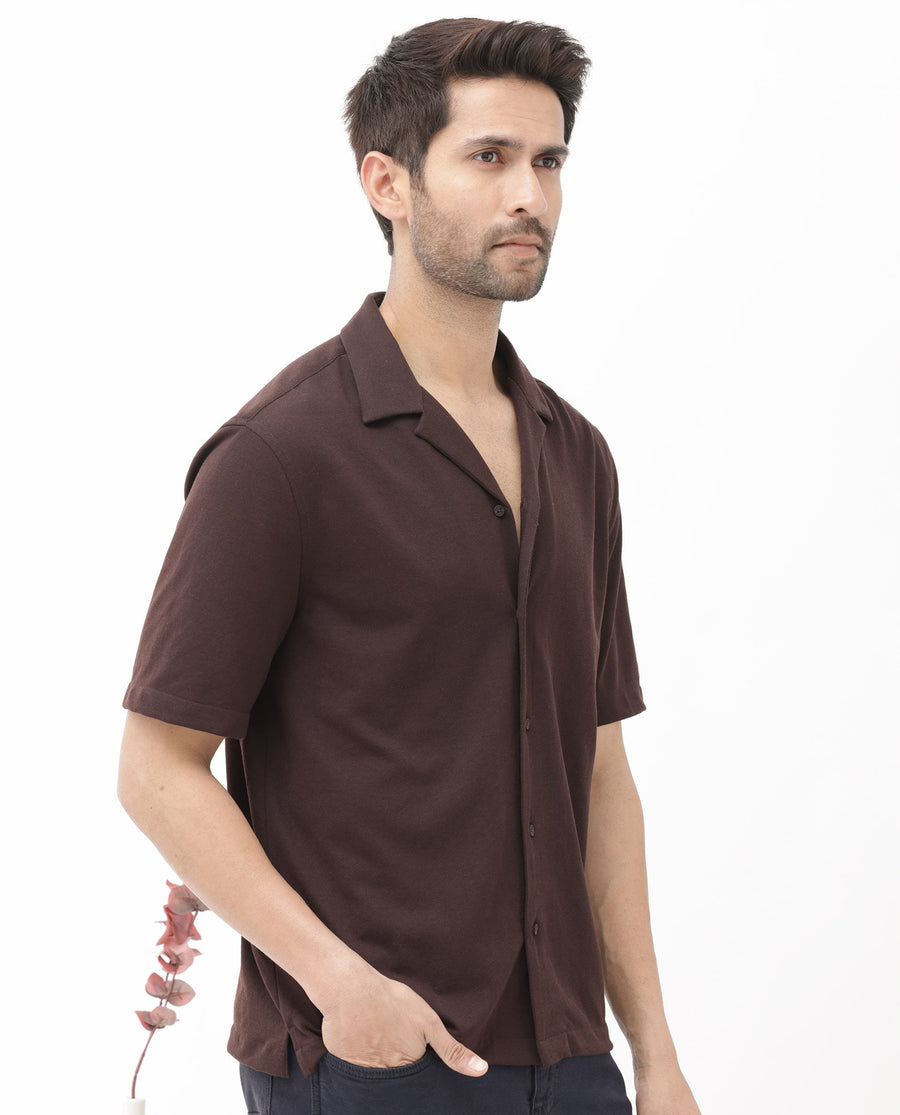 Rare Rabbit Men's Manga Dark Maroon Cotton Plain Regular Fit Half Sleeve Cuban Collar Shirt