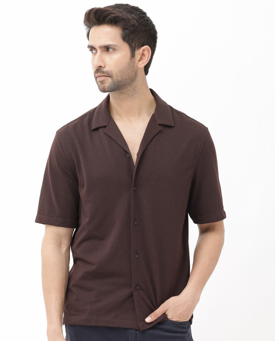 Rare Rabbit Men's Manga Dark Maroon Cotton Plain Regular Fit Half Sleeve Cuban Collar Shirt