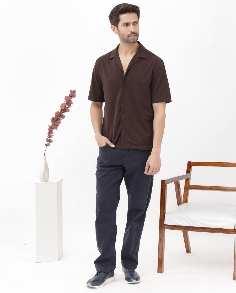 Rare Rabbit Men's Manga Dark Maroon Cotton Plain Regular Fit Half Sleeve Cuban Collar Shirt
