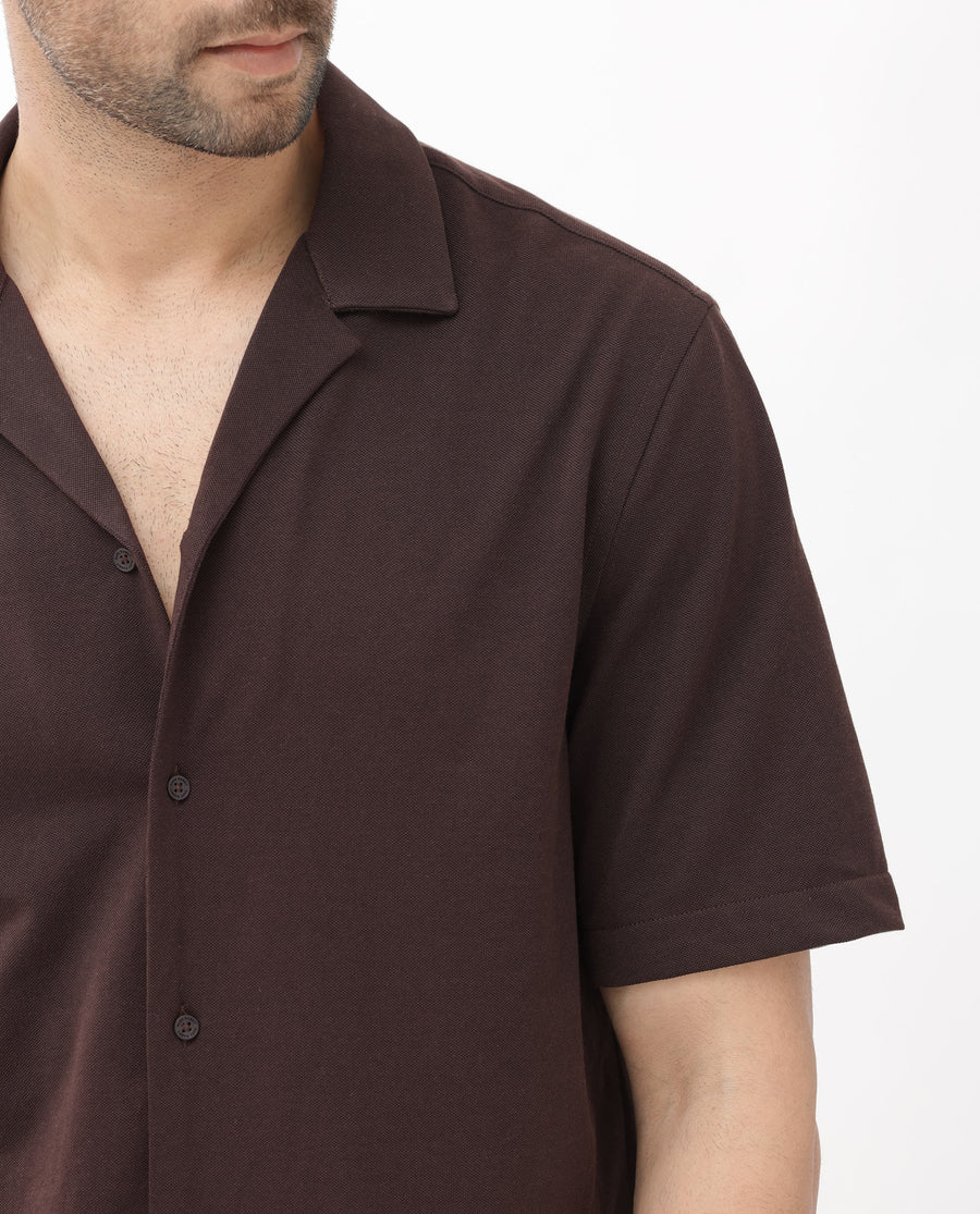 Rare Rabbit Men's Manga Dark Maroon Cotton Plain Regular Fit Half Sleeve Cuban Collar Shirt