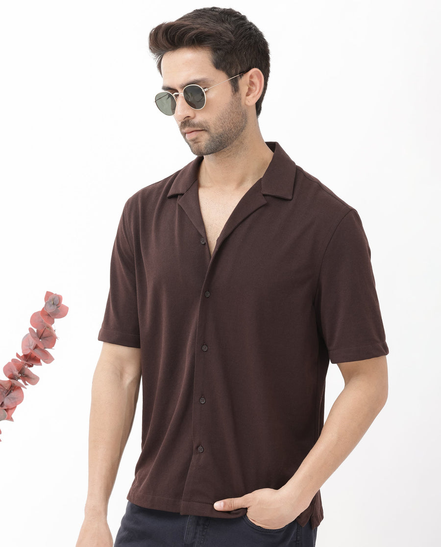 Rare Rabbit Men's Manga Dark Maroon Cotton Plain Regular Fit Half Sleeve Cuban Collar Shirt