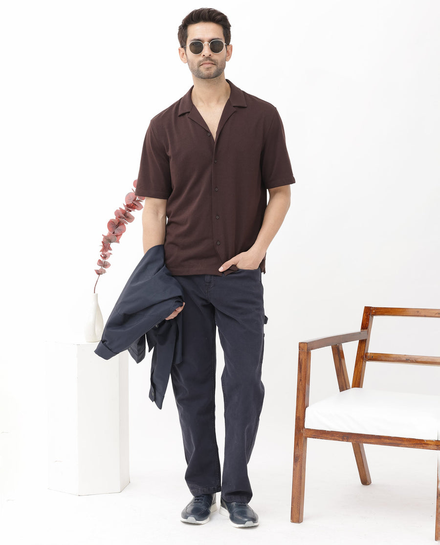 Rare Rabbit Men's Manga Dark Maroon Cotton Plain Regular Fit Half Sleeve Cuban Collar Shirt