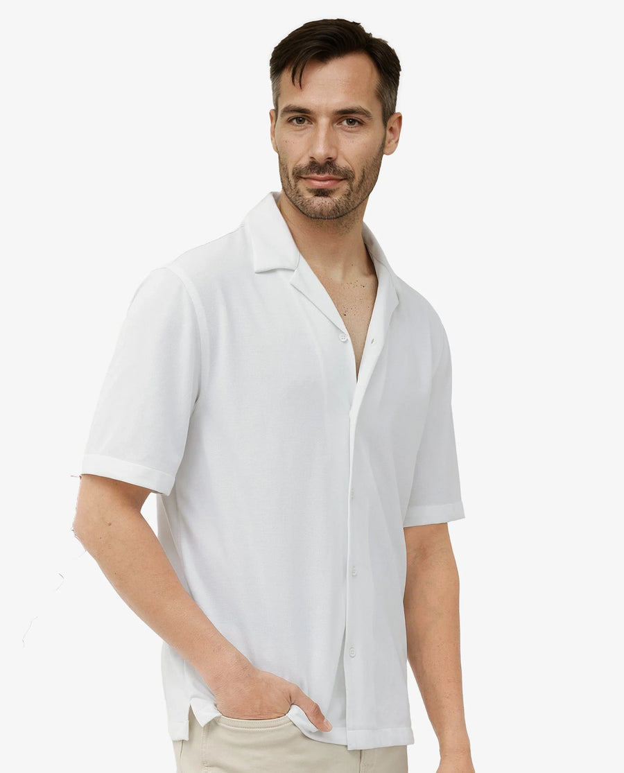 Rare Rabbit Men's Manga White Cotton Plain Regular Fit Half Sleeve Cuban Collar Shirt