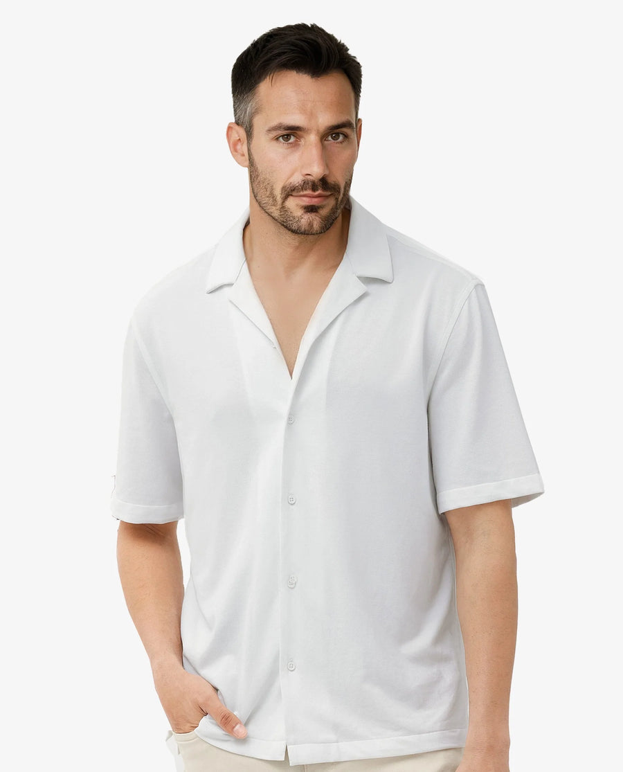 Rare Rabbit Men's Manga White Cotton Plain Regular Fit Half Sleeve Cuban Collar Shirt