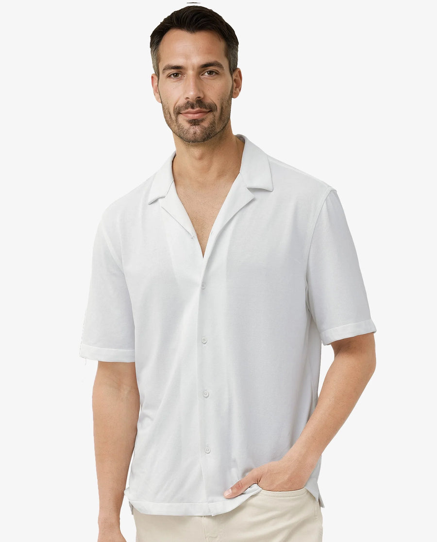 Rare Rabbit Men's Manga White Cotton Plain Regular Fit Half Sleeve Cuban Collar Shirt