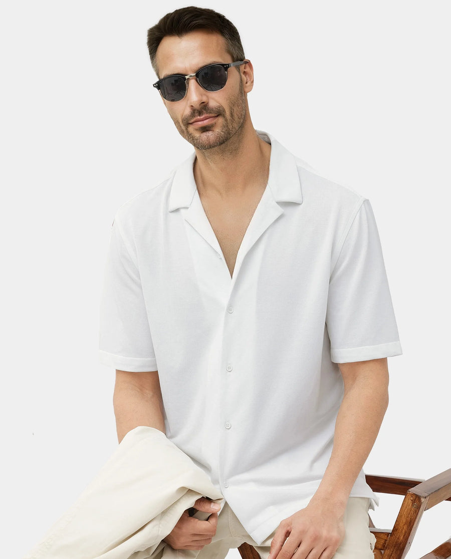 Rare Rabbit Men's Manga White Cotton Plain Regular Fit Half Sleeve Cuban Collar Shirt