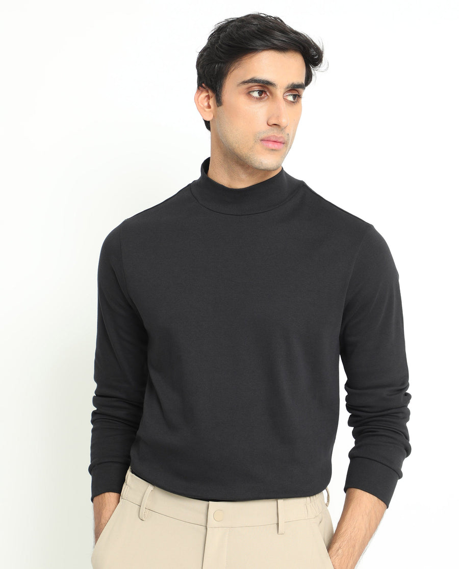 Rare Rabbit Men's Mania Black Cotton Plain Regular Fit Full Sleeve High Neck Sweatshirt