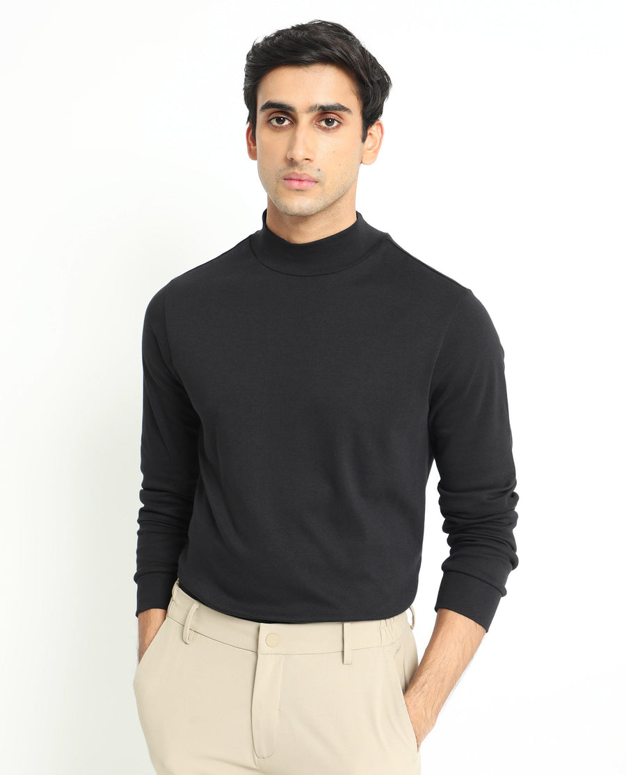 Rare Rabbit Men's Mania Black Cotton Plain Regular Fit Full Sleeve High Neck Sweatshirt