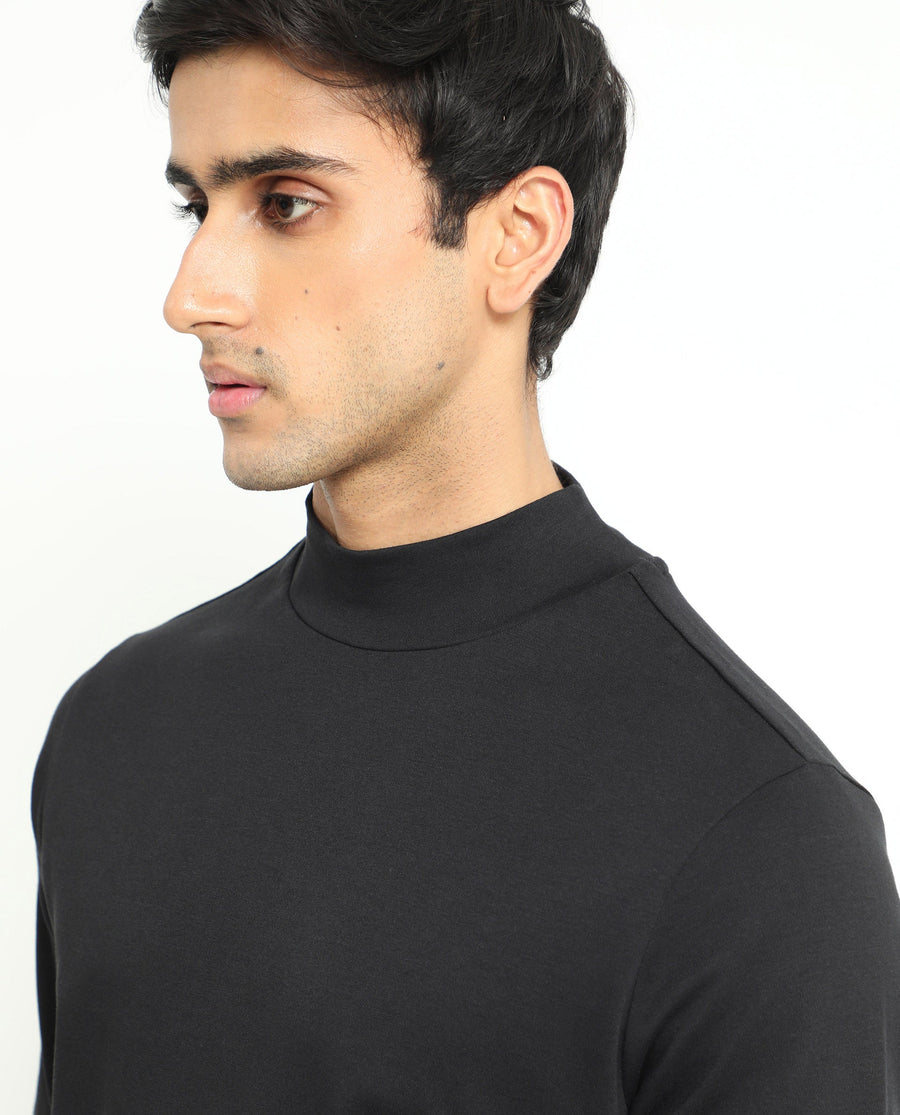 Rare Rabbit Men's Mania Black Cotton Plain Regular Fit Full Sleeve High Neck Sweatshirt