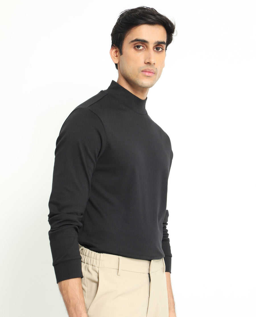 Rare Rabbit Men's Mania Black Cotton Plain Regular Fit Full Sleeve High Neck Sweatshirt