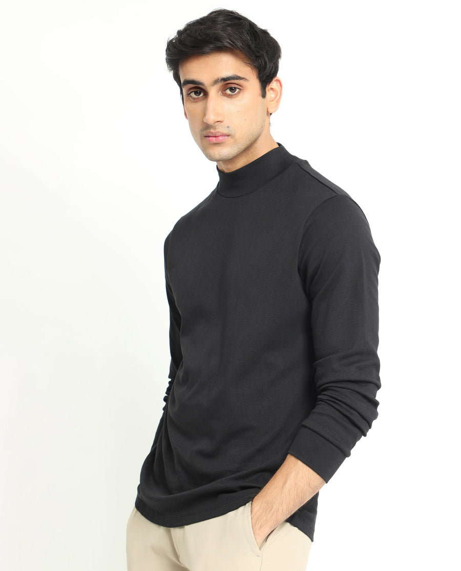 Rare Rabbit Men's Mania Black Cotton Plain Regular Fit Full Sleeve High Neck Sweatshirt