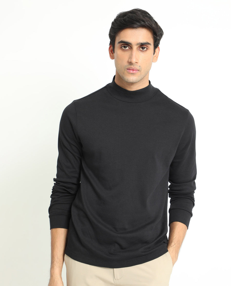 Rare Rabbit Men's Mania Black Cotton Plain Regular Fit Full Sleeve High Neck Sweatshirt