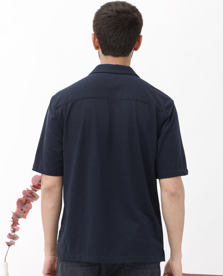 Rare Rabbit Men's Manga Navy Cotton Plain Regular Fit Half Sleeve Cuban Collar Shirt