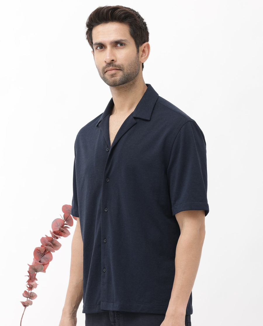 Rare Rabbit Men's Manga Navy Cotton Plain Regular Fit Half Sleeve Cuban Collar Shirt