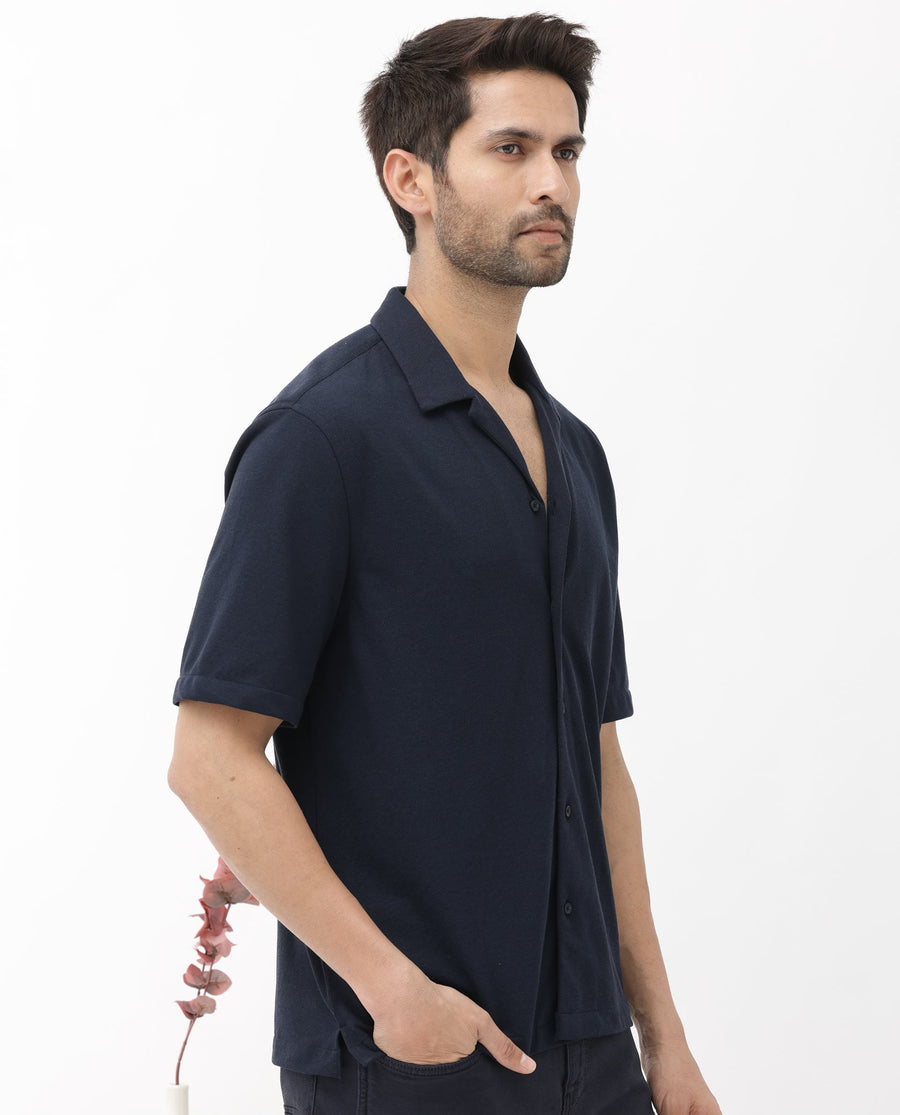 Rare Rabbit Men's Manga Navy Cotton Plain Regular Fit Half Sleeve Cuban Collar Shirt