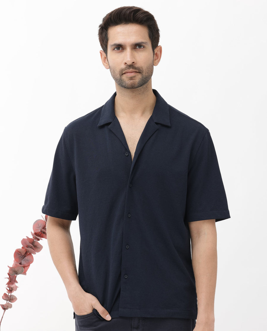 Rare Rabbit Men's Manga Navy Cotton Plain Regular Fit Half Sleeve Cuban Collar Shirt