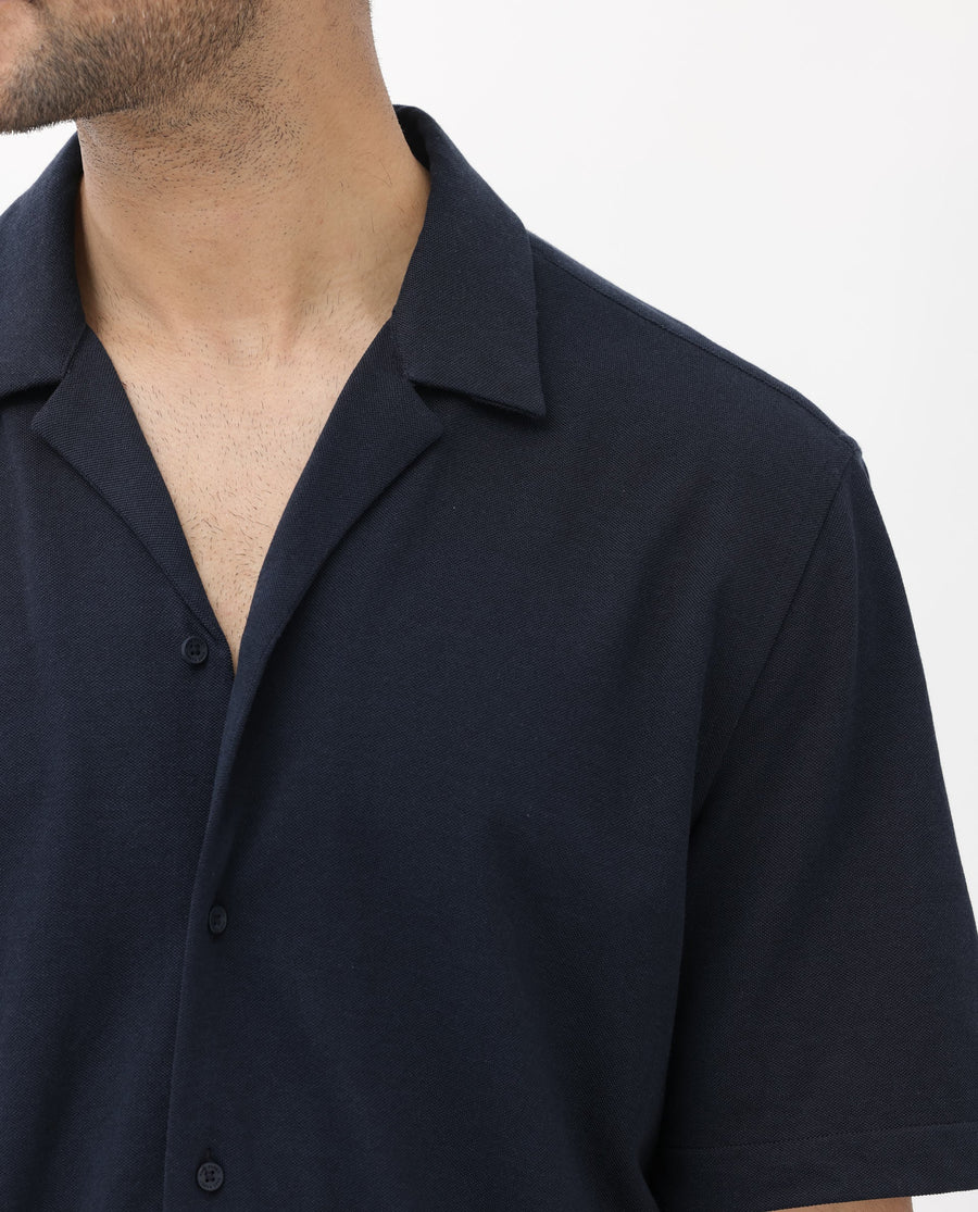 Rare Rabbit Men's Manga Navy Cotton Plain Regular Fit Half Sleeve Cuban Collar Shirt