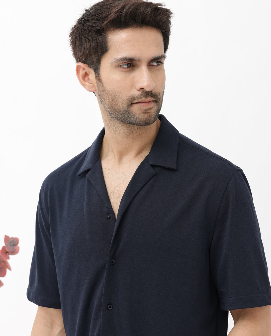 Rare Rabbit Men's Manga Navy Cotton Plain Regular Fit Half Sleeve Cuban Collar Shirt