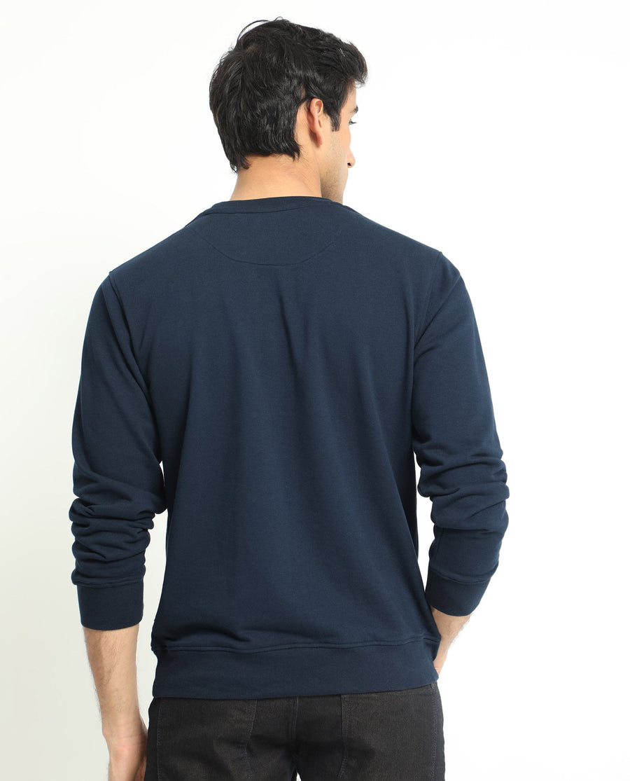 Rare Rabbit Men's Manor Navy Cotton Graphic Print Regular Fit Full Sleeve Crew Neck Sweatshirt