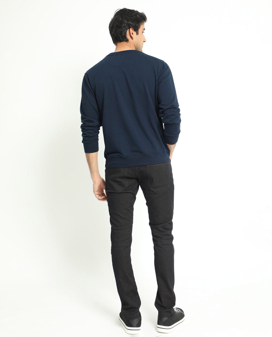 Rare Rabbit Men's Manor Navy Cotton Graphic Print Regular Fit Full Sleeve Crew Neck Sweatshirt