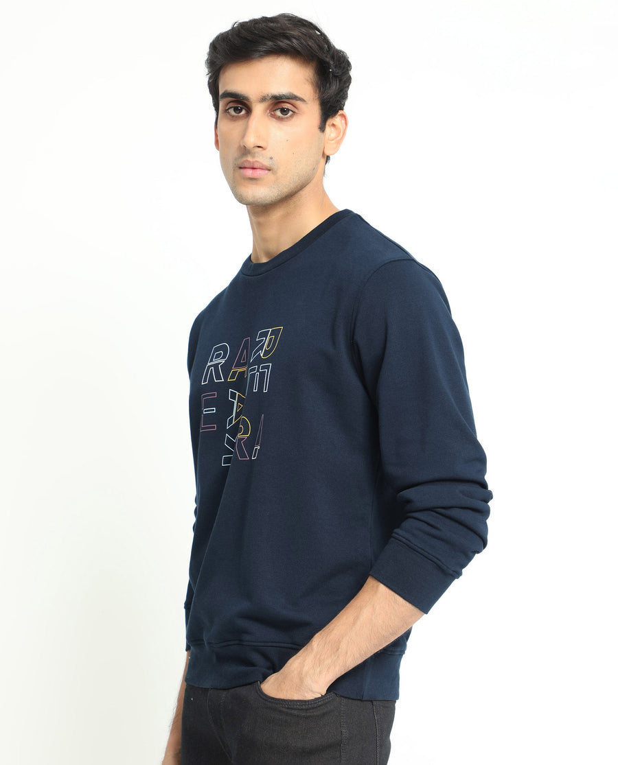 Rare Rabbit Men's Manor Navy Cotton Graphic Print Regular Fit Full Sleeve Crew Neck Sweatshirt