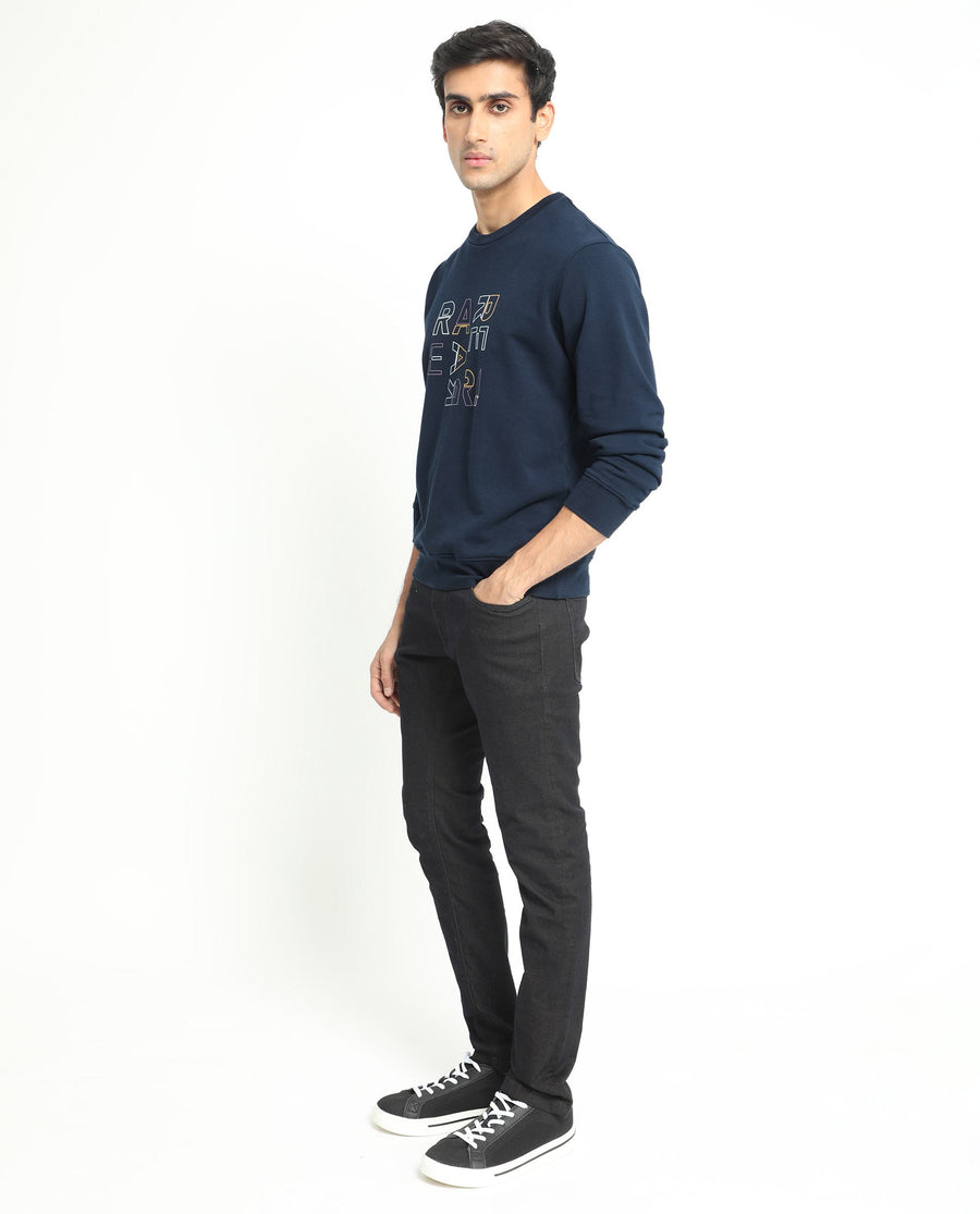 Rare Rabbit Men's Manor Navy Cotton Graphic Print Regular Fit Full Sleeve Crew Neck Sweatshirt