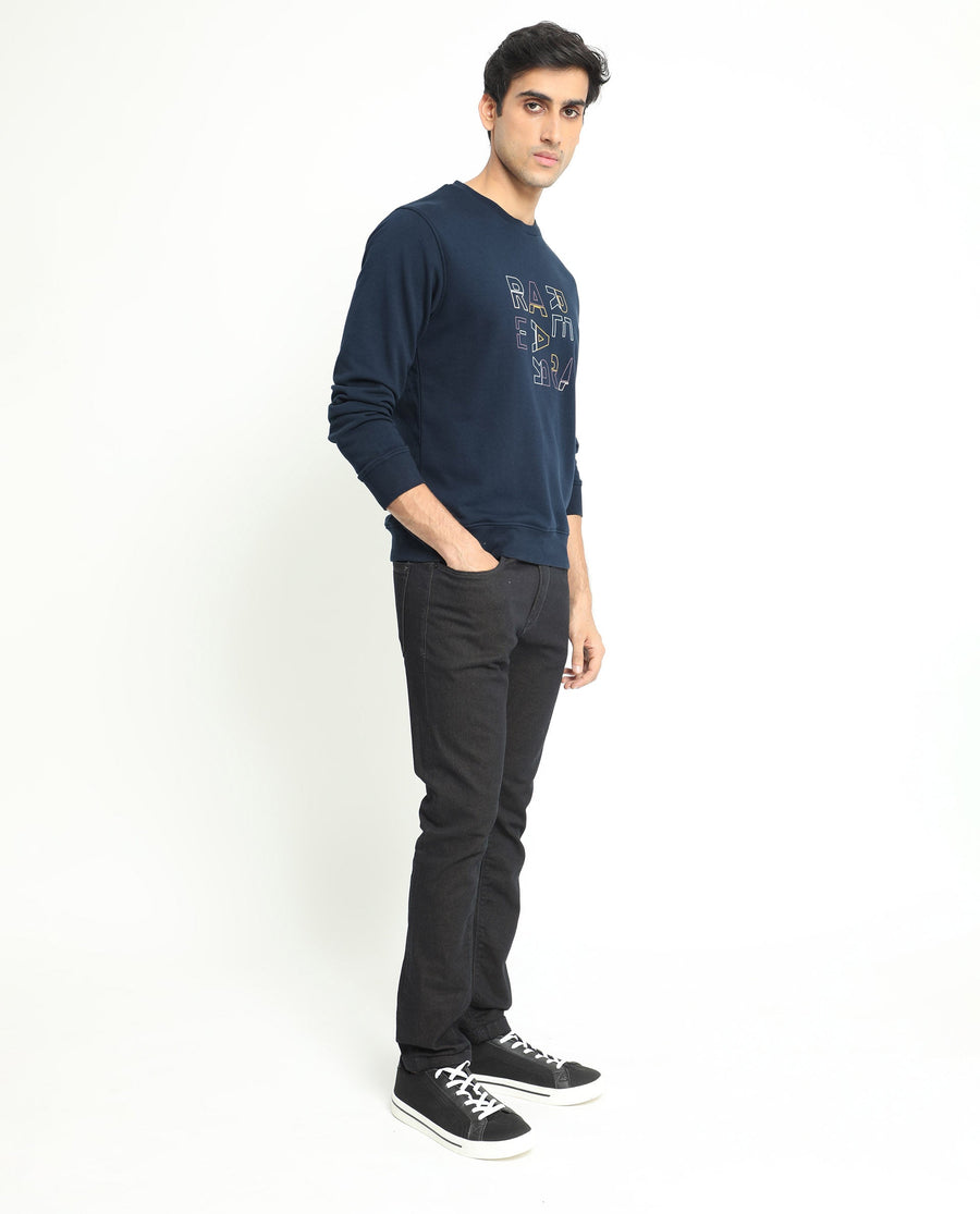 Rare Rabbit Men's Manor Navy Cotton Graphic Print Regular Fit Full Sleeve Crew Neck Sweatshirt