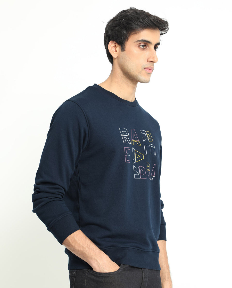Rare Rabbit Men's Manor Navy Cotton Graphic Print Regular Fit Full Sleeve Crew Neck Sweatshirt