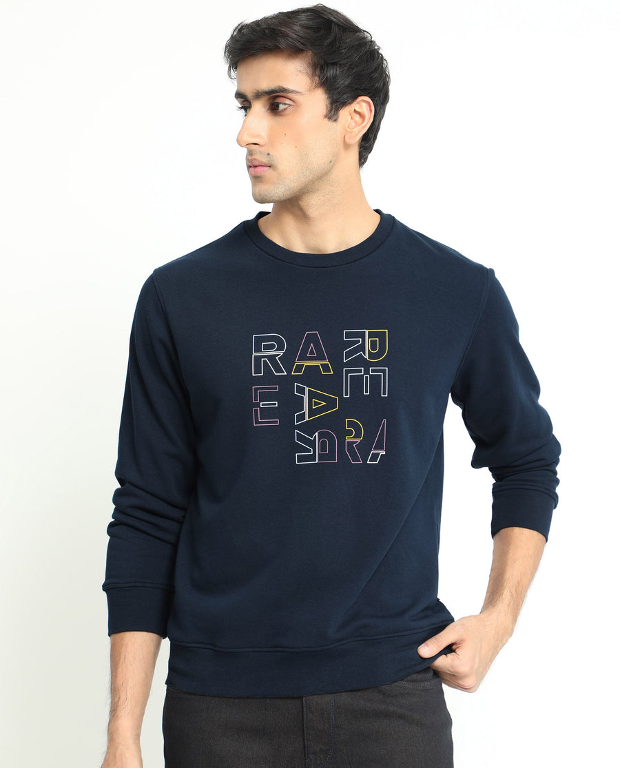 Rare Rabbit Men's Manor Navy Cotton Graphic Print Regular Fit Full Sleeve Crew Neck Sweatshirt