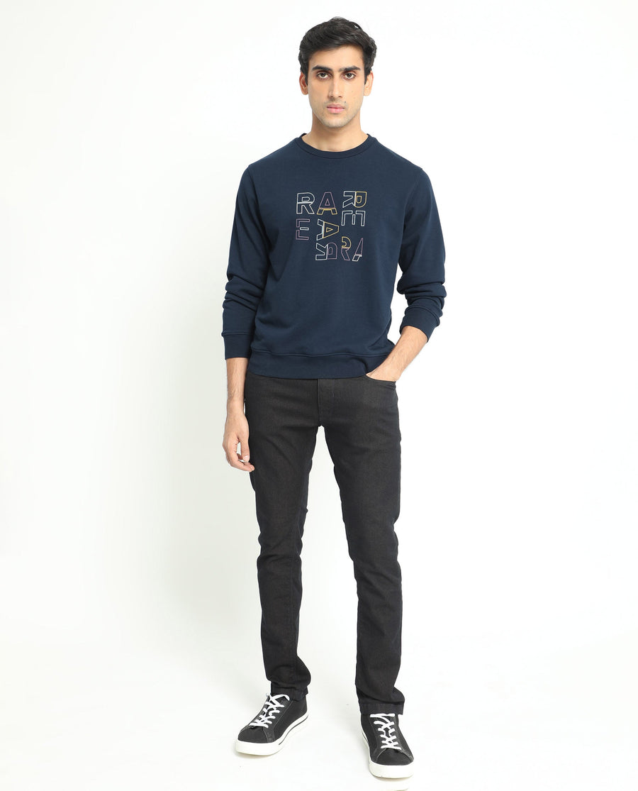 Rare Rabbit Men's Manor Navy Cotton Graphic Print Regular Fit Full Sleeve Crew Neck Sweatshirt