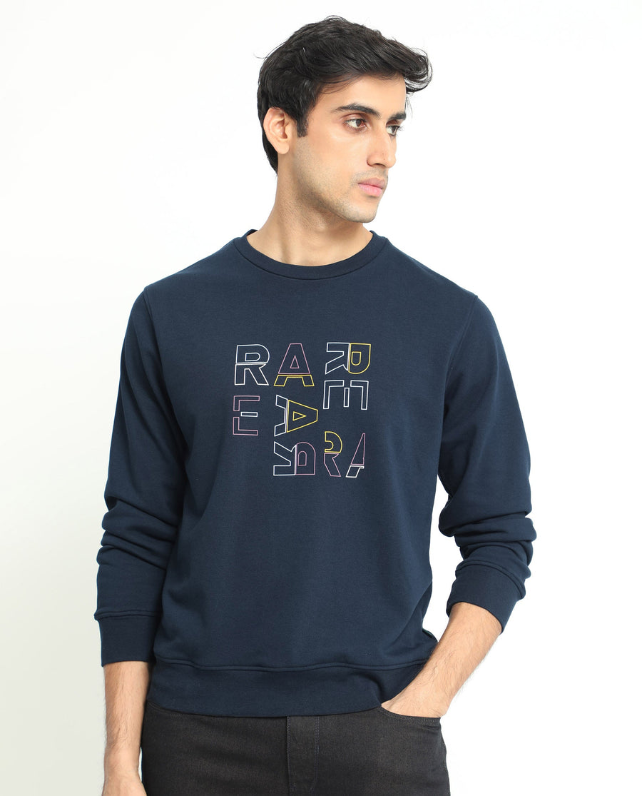 Rare Rabbit Men's Manor Navy Cotton Graphic Print Regular Fit Full Sleeve Crew Neck Sweatshirt
