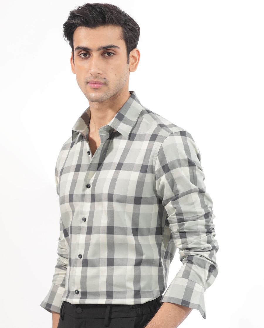 Rare Rabbit Men's Mape Dusky Green Cotton Checked Print Regular Fit Full Sleeve Collared Shirt