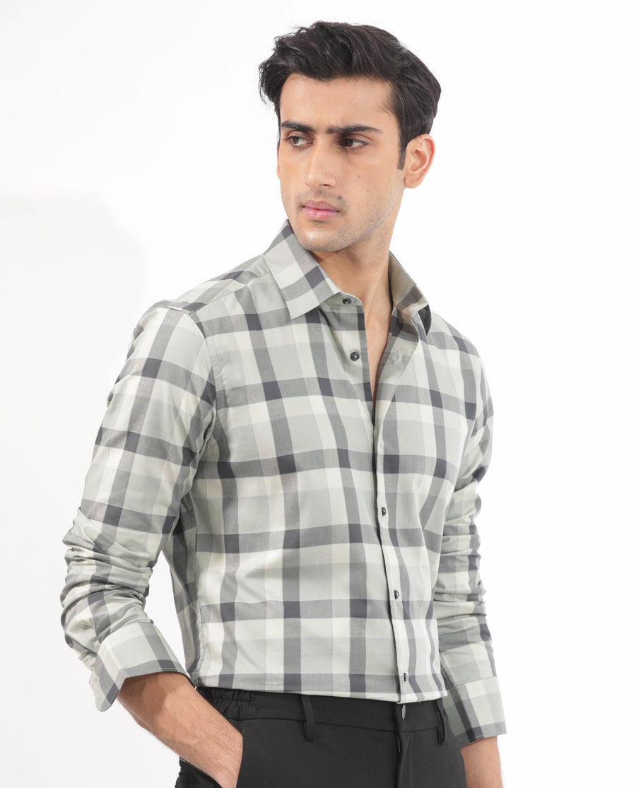 Rare Rabbit Men's Mape Dusky Green Cotton Checked Print Regular Fit Full Sleeve Collared Shirt