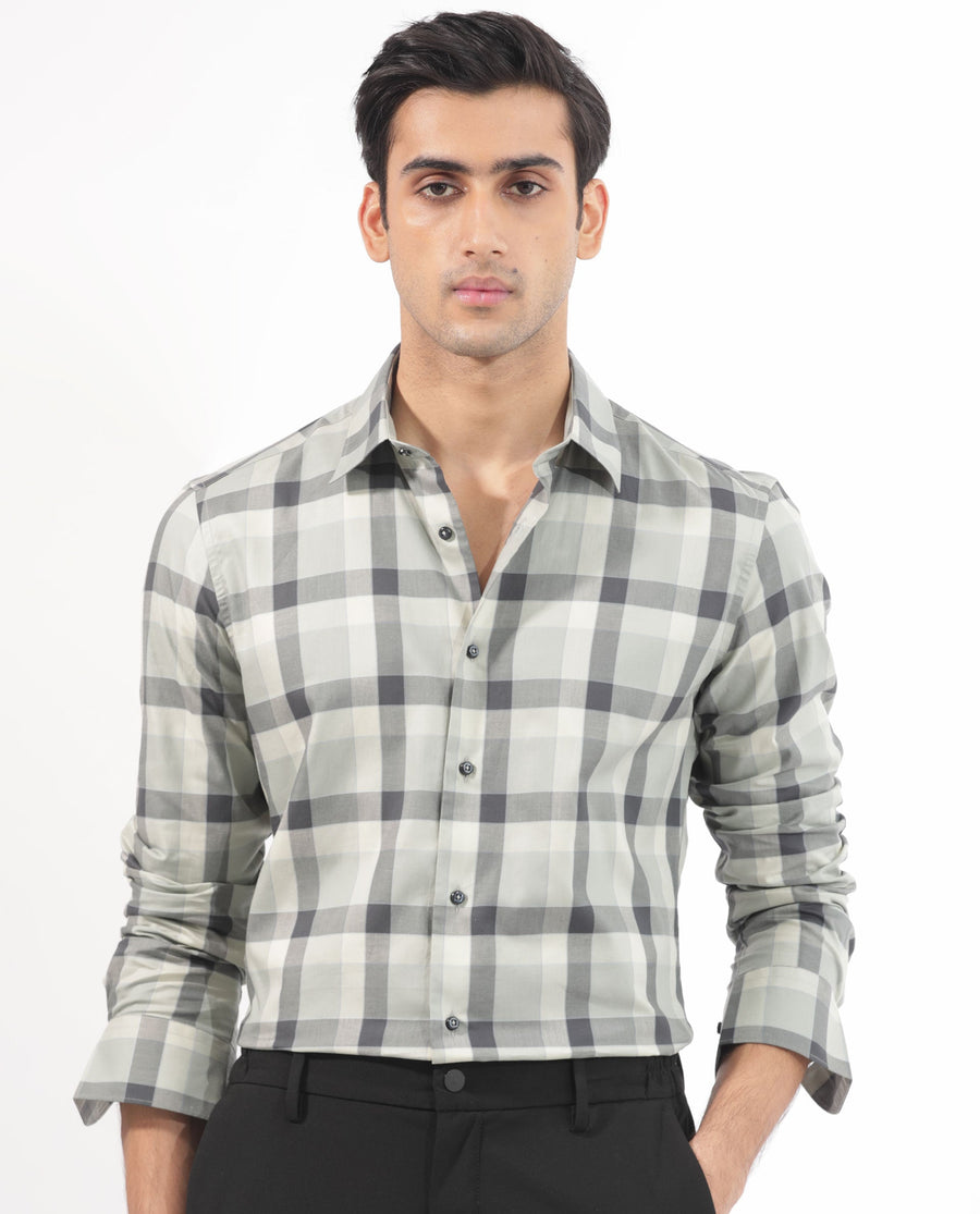 Rare Rabbit Men's Mape Dusky Green Cotton Checked Print Regular Fit Full Sleeve Collared Shirt