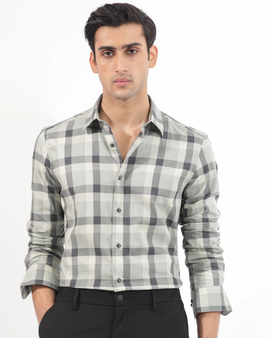 Rare Rabbit Men's Mape Dusky Green Cotton Checked Print Regular Fit Full Sleeve Collared Shirt