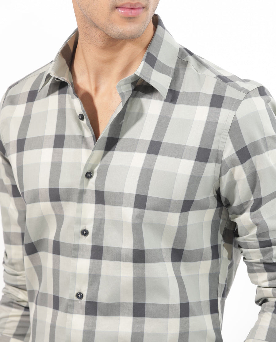 Rare Rabbit Men's Mape Dusky Green Cotton Checked Print Regular Fit Full Sleeve Collared Shirt