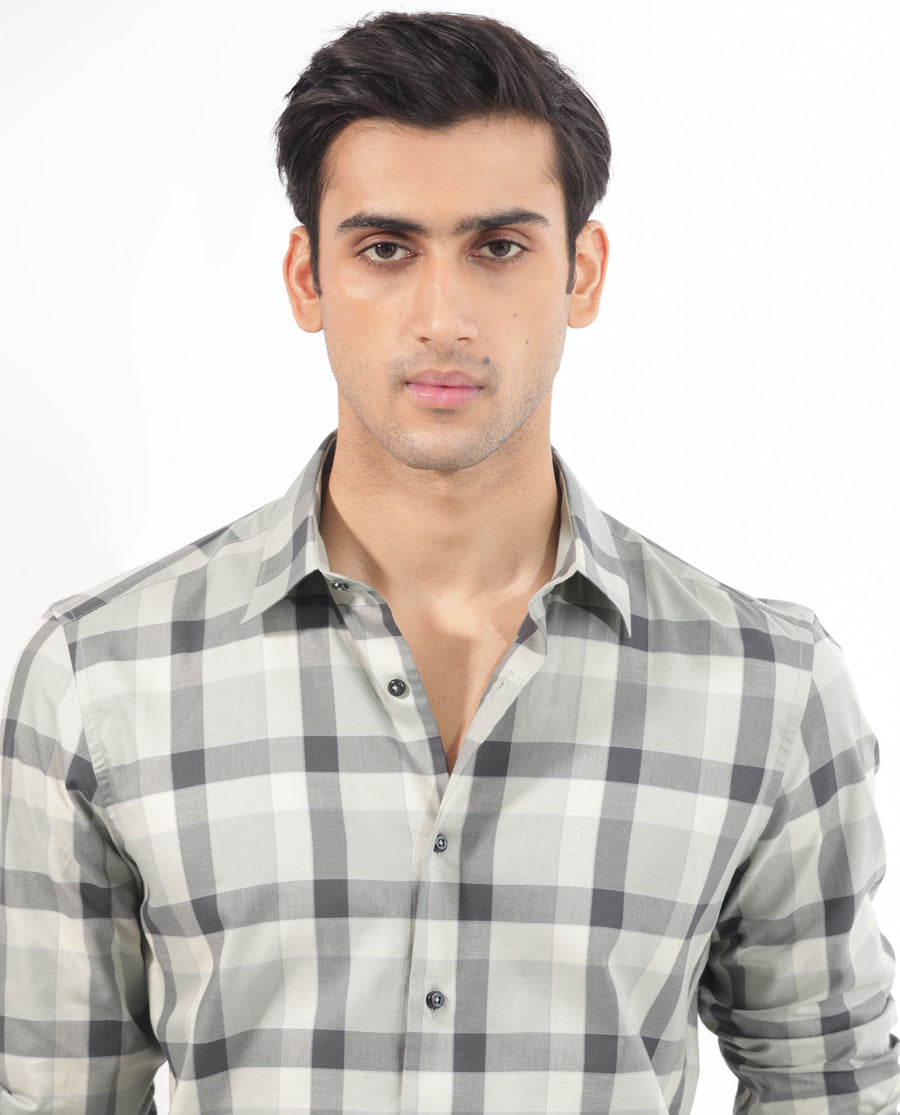 Rare Rabbit Men's Mape Dusky Green Cotton Checked Print Regular Fit Full Sleeve Collared Shirt