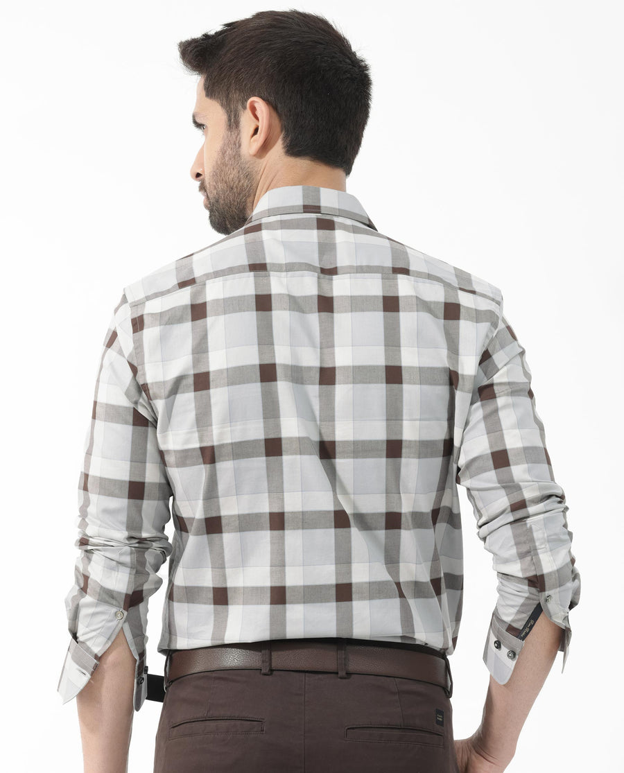 Rare Rabbit Men's Mape Light Grey Cotton Checked Print Regular Fit Full Sleeve Collared Shirt