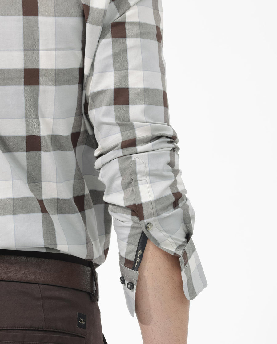 Rare Rabbit Men's Mape Light Grey Cotton Checked Print Regular Fit Full Sleeve Collared Shirt