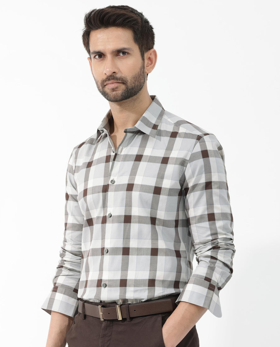 Rare Rabbit Men's Mape Light Grey Cotton Checked Print Regular Fit Full Sleeve Collared Shirt