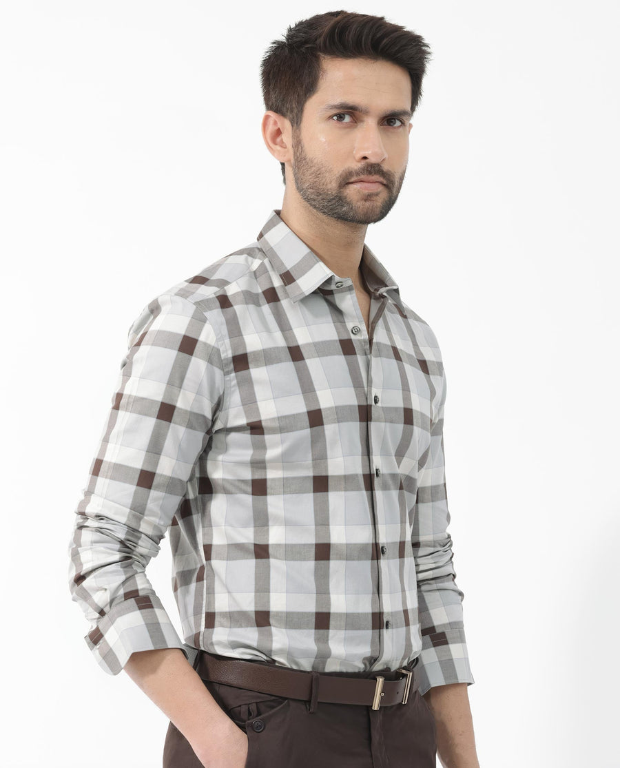 Rare Rabbit Men's Mape Light Grey Cotton Checked Print Regular Fit Full Sleeve Collared Shirt