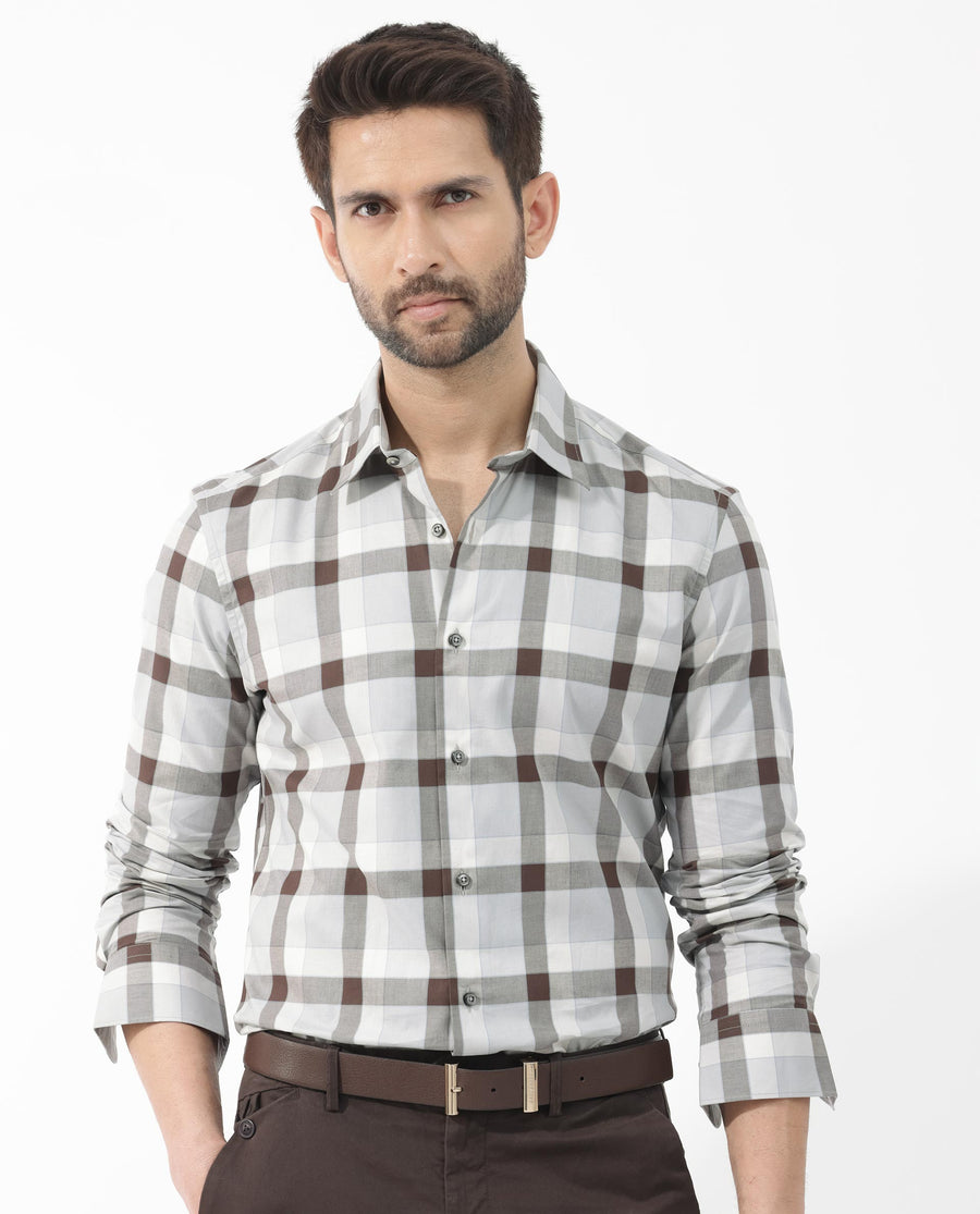 Rare Rabbit Men's Mape Light Grey Cotton Checked Print Regular Fit Full Sleeve Collared Shirt